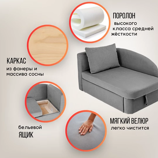 Диван-кровать правая 1050 серый Brendoss в Берёзовском - beryozovskij.mebel-e96.ru