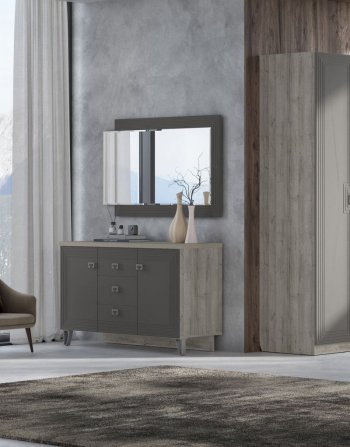 Комод 2дв, 3ящ Лежер КМ-3103 дуб серый/холст вулканический(СанТан) в Берёзовском - beryozovskij.mebel-e96.ru